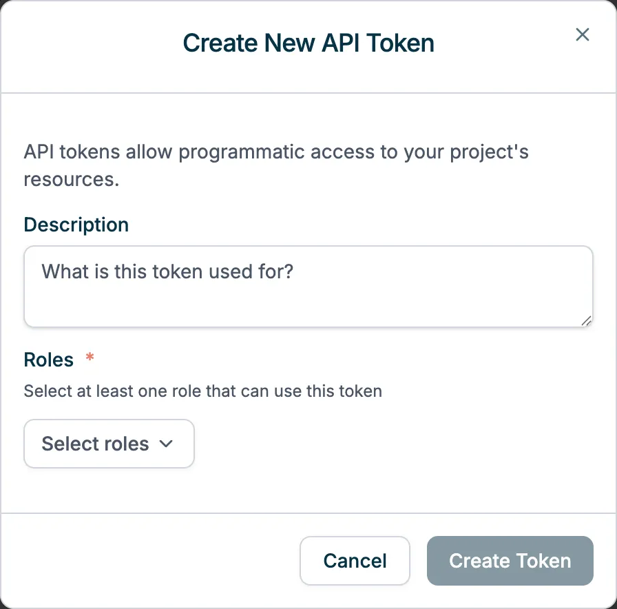 Create API Token dialog with description and role selection