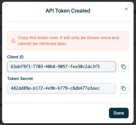 Generated API Token showing Client ID and Token secret