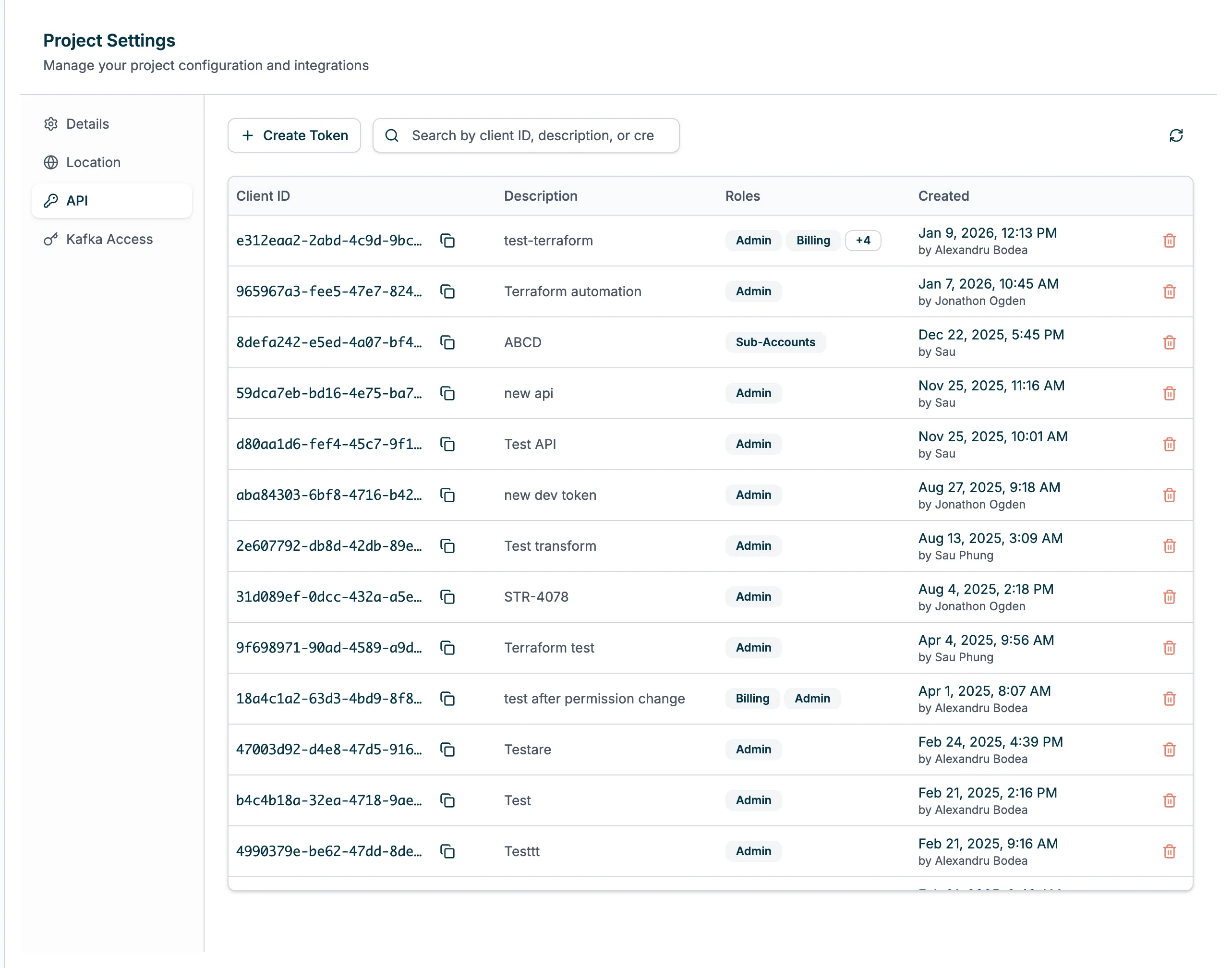 API Tokens list showing Client IDs, descriptions, roles, and creation info