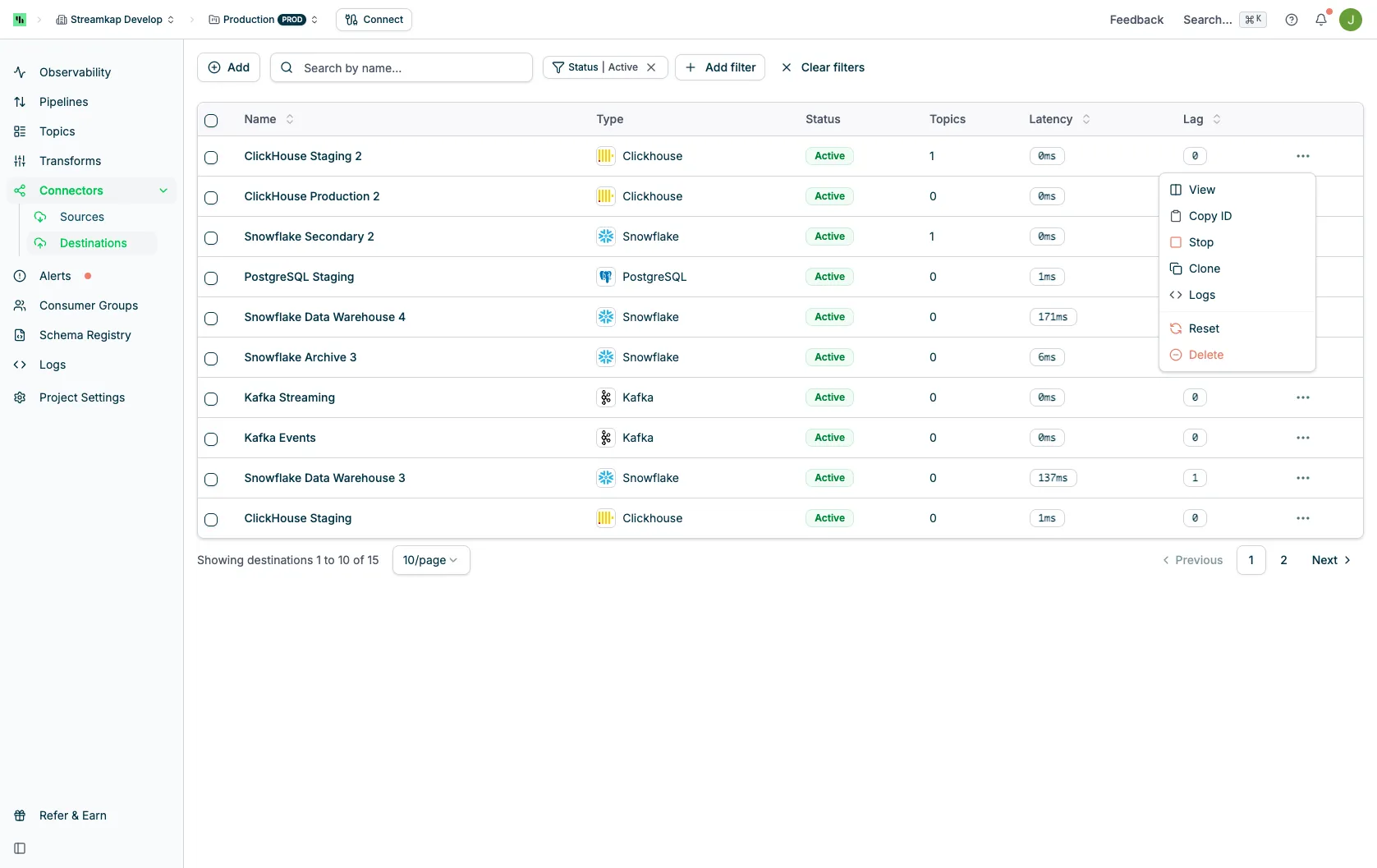 Row actions menu showing View, Copy ID, Clone, Logs, Restart, Reset, and Delete options