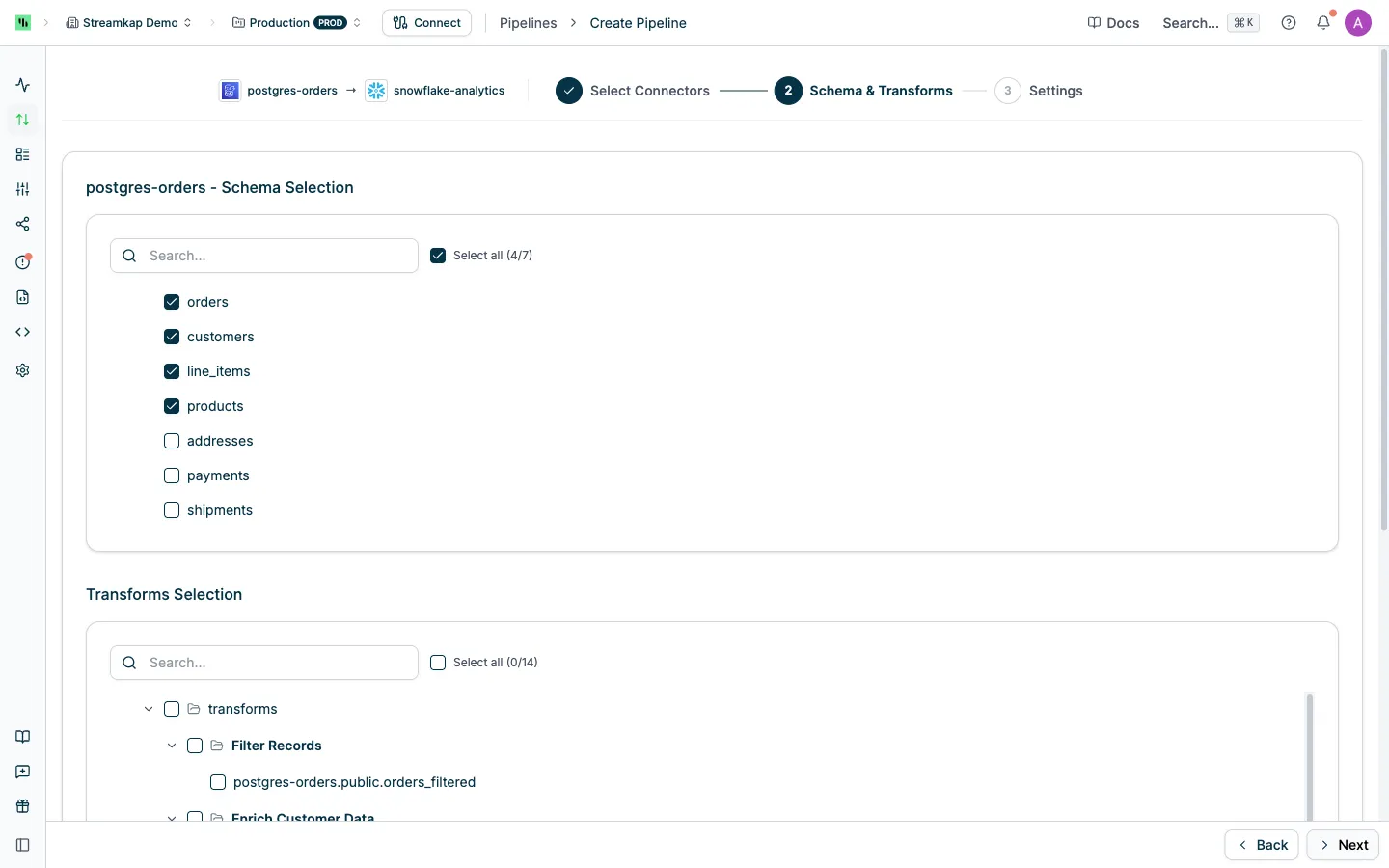Pipeline create wizard step 2: choose source schema tables and optional transform topics