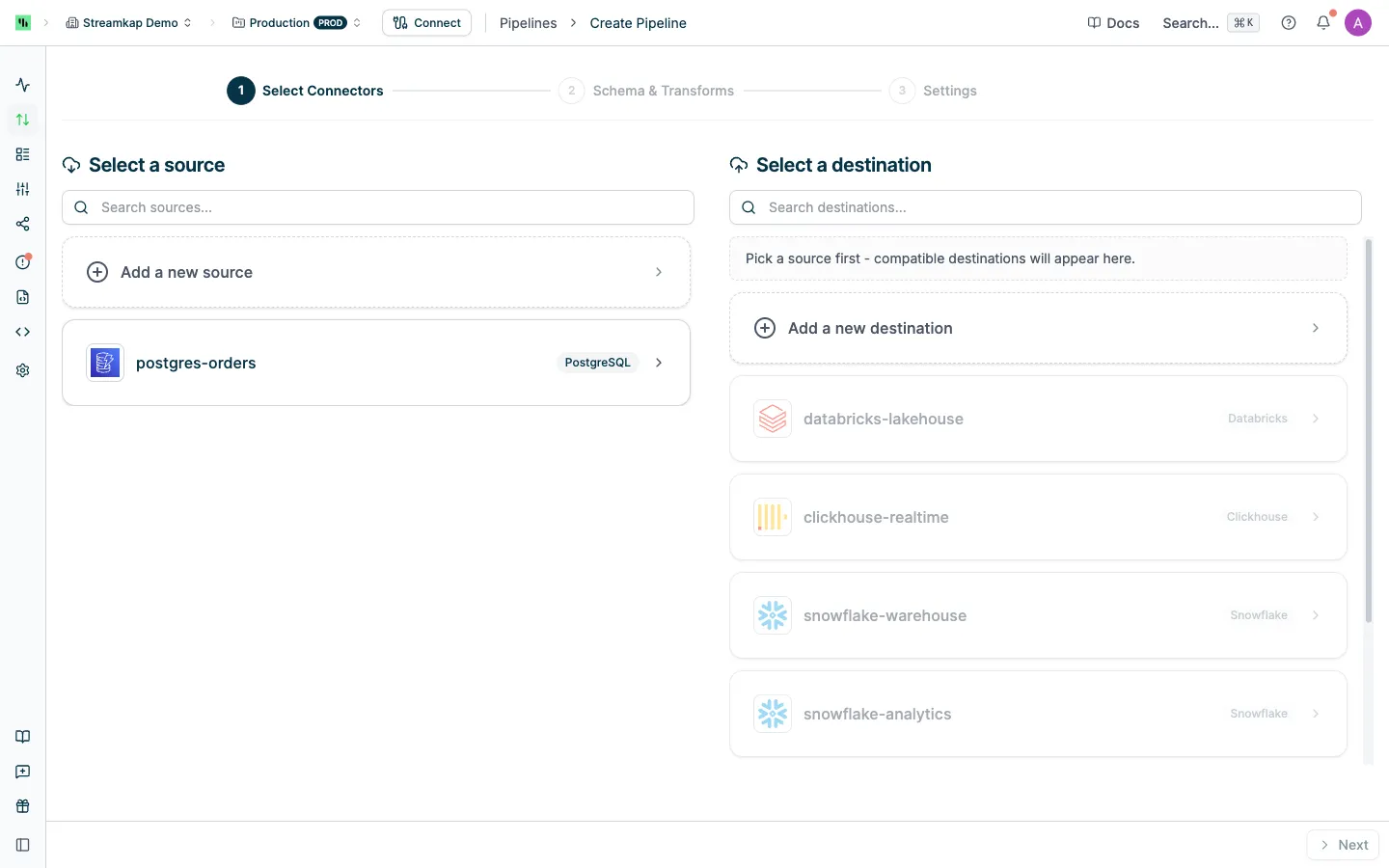 Pipeline create wizard step 1: select a source connector and a compatible destination connector