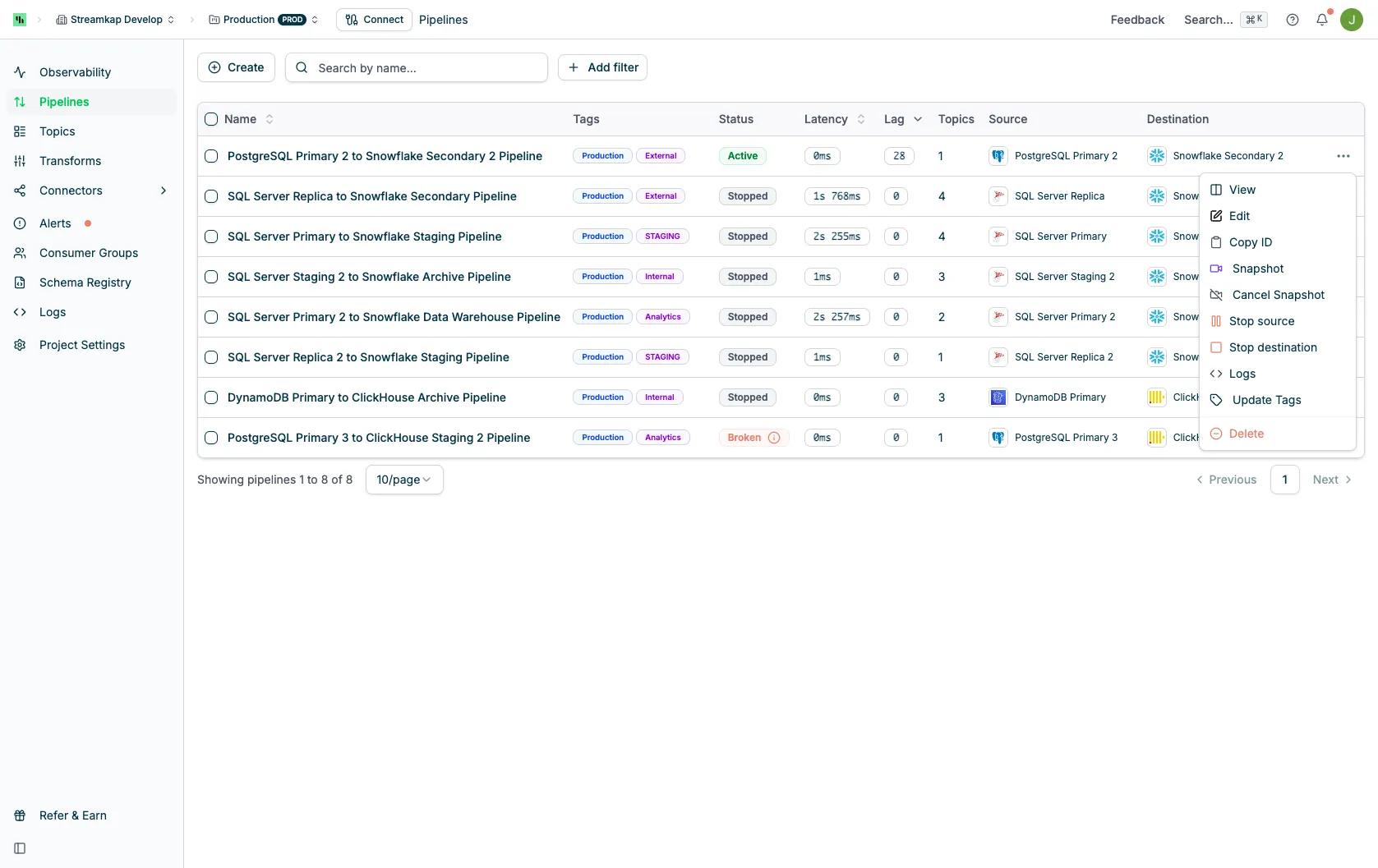Row actions menu showing View, Edit, Copy ID, Snapshot, Cancel Snapshot, Resume source, Stop source, Resume destination, Stop destination, Logs, Update Tags, and Delete options