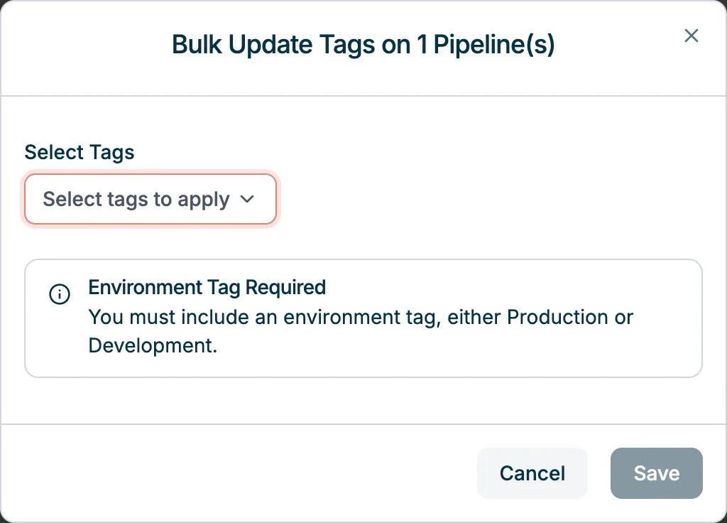 Bulk Update Tags dialog for updating tags on selected pipelines