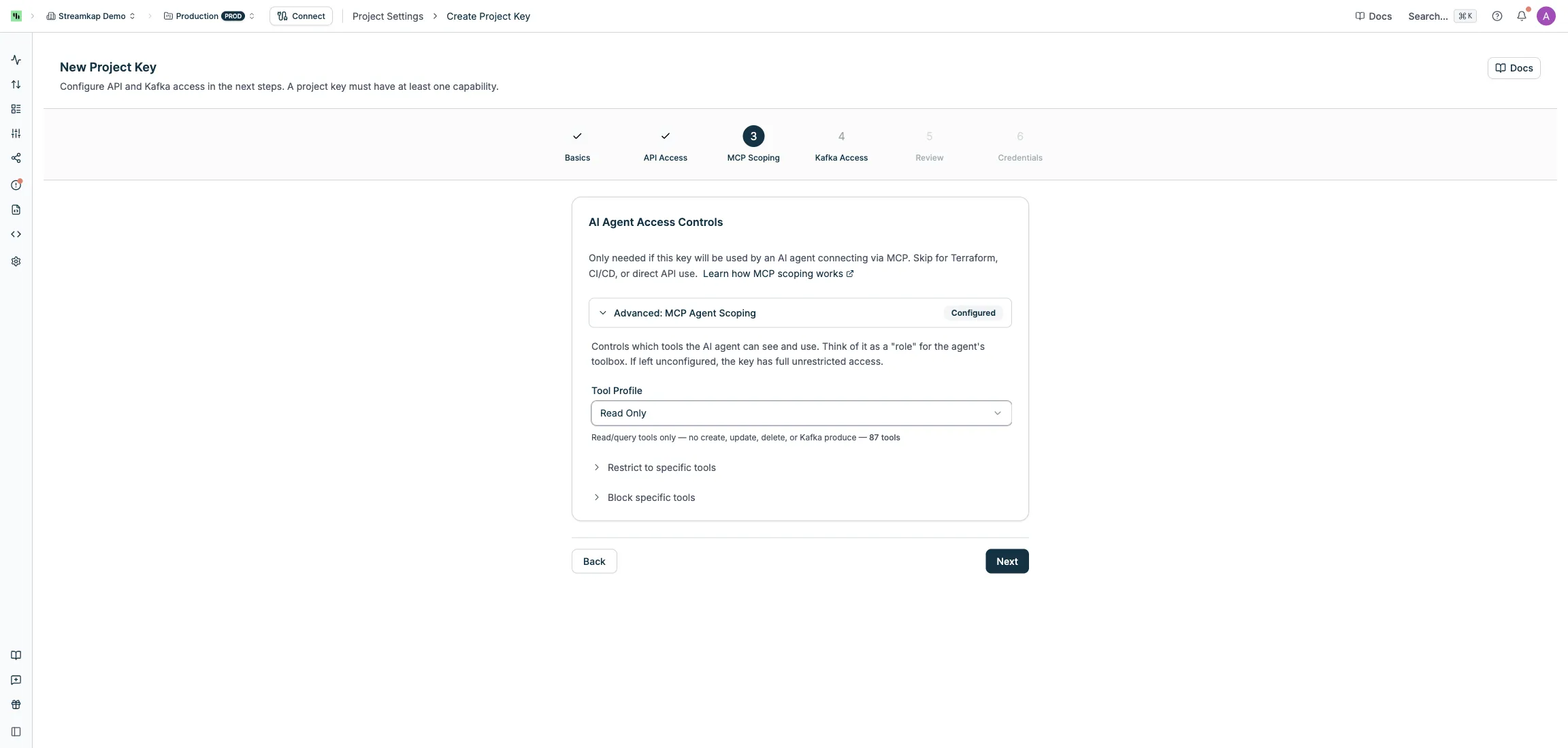 MCP Tool Scoping step with profile selector and tool lists