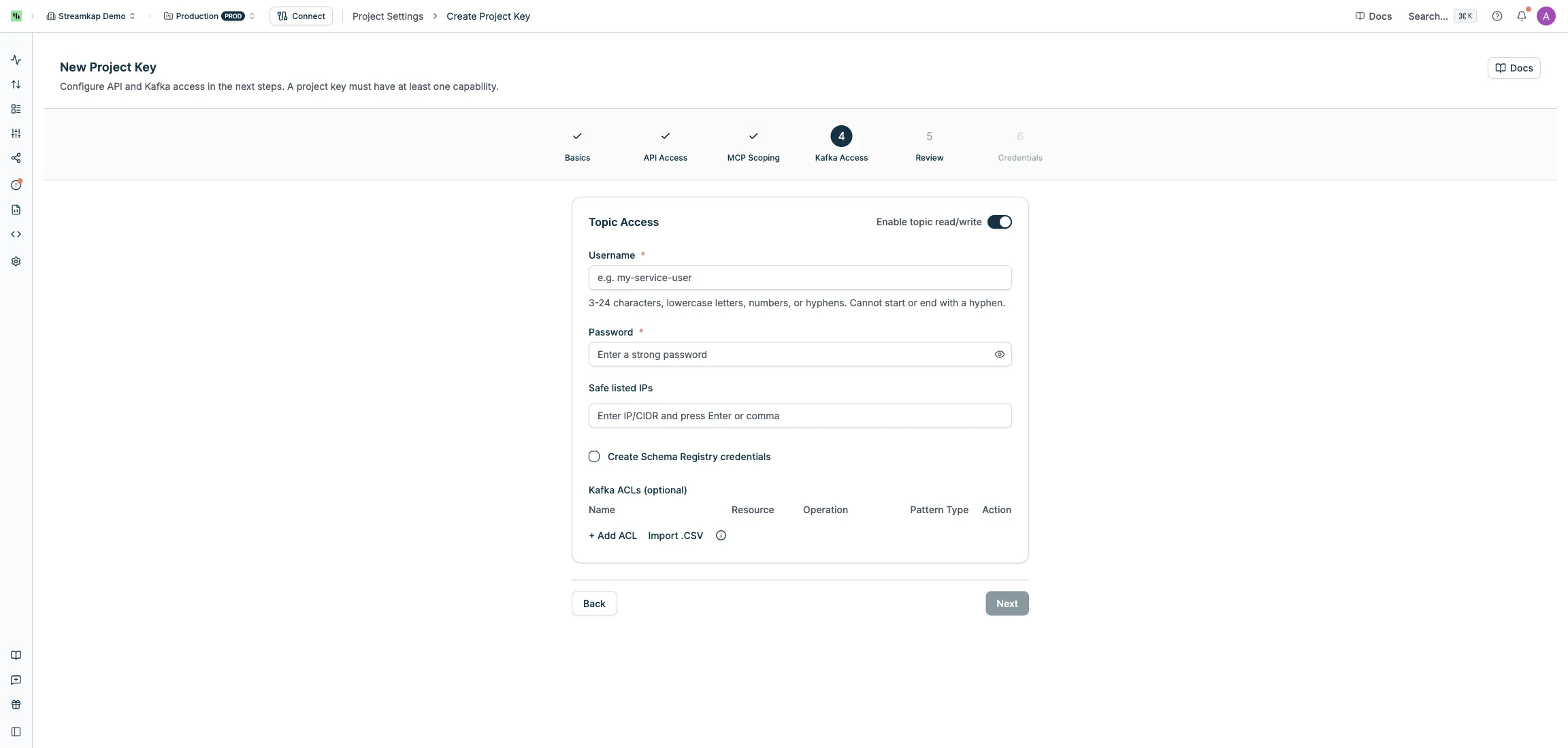 Kafka Access step with username, password, safe listed IPs, and ACL configuration
