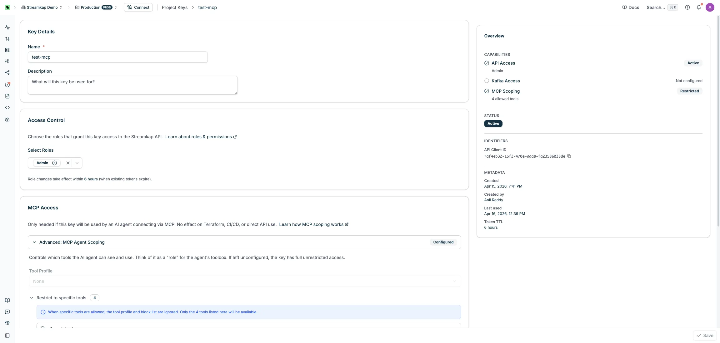 Edit Project Key page showing key details, access control, MCP scoping, and overview sidebar