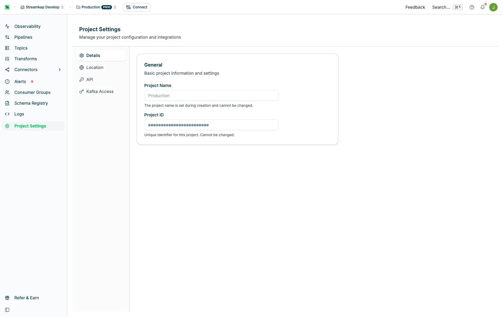 Project Settings page showing Details, Location, API, and Kafka Access tabs