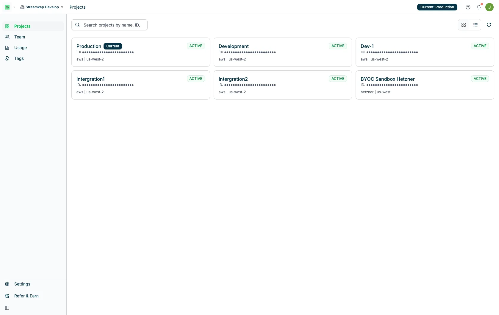 Projects list view showing project cards with status and region information
