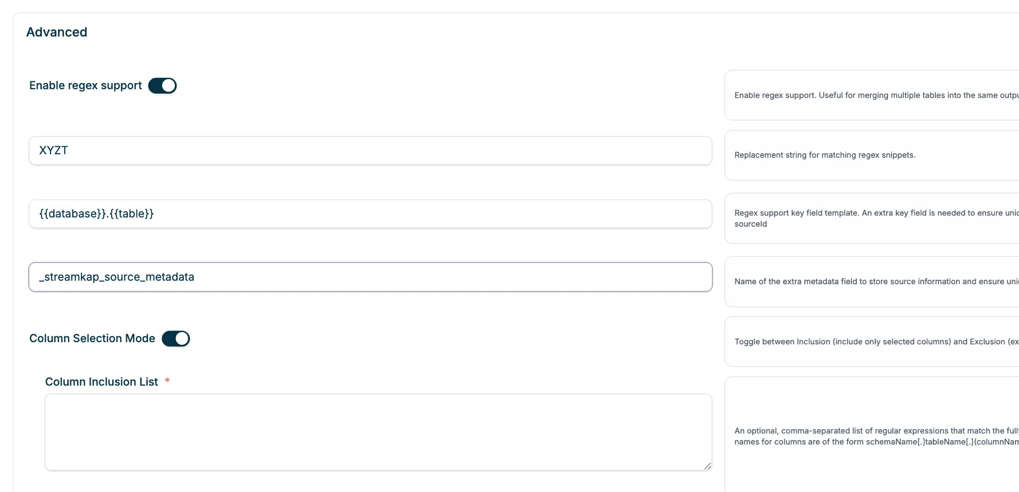 Advanced settings showing Enable regex support toggle, replacement string, key field template, and metadata field name