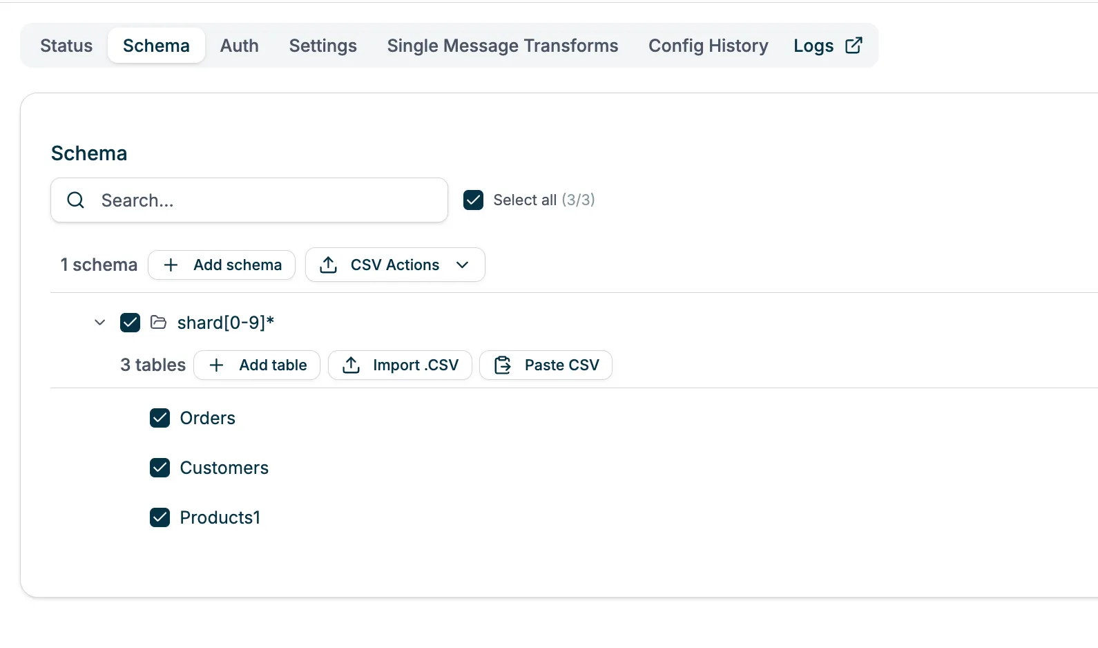 Schema tab showing a regex pattern shard[0-9]* matching 3 tables: Orders, Customers, Products1