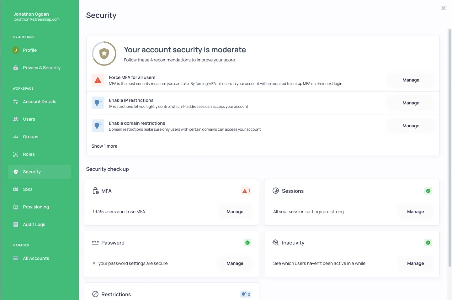 Organisation Security dashboard showing security score and recommendations