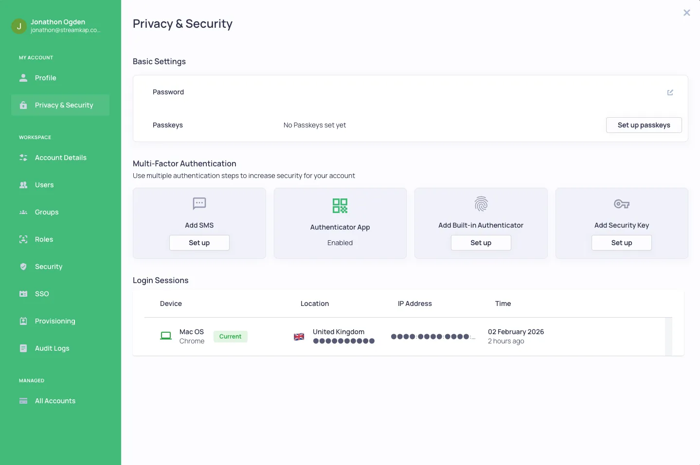 Privacy & Security settings showing password, passkeys, MFA options, and login sessions