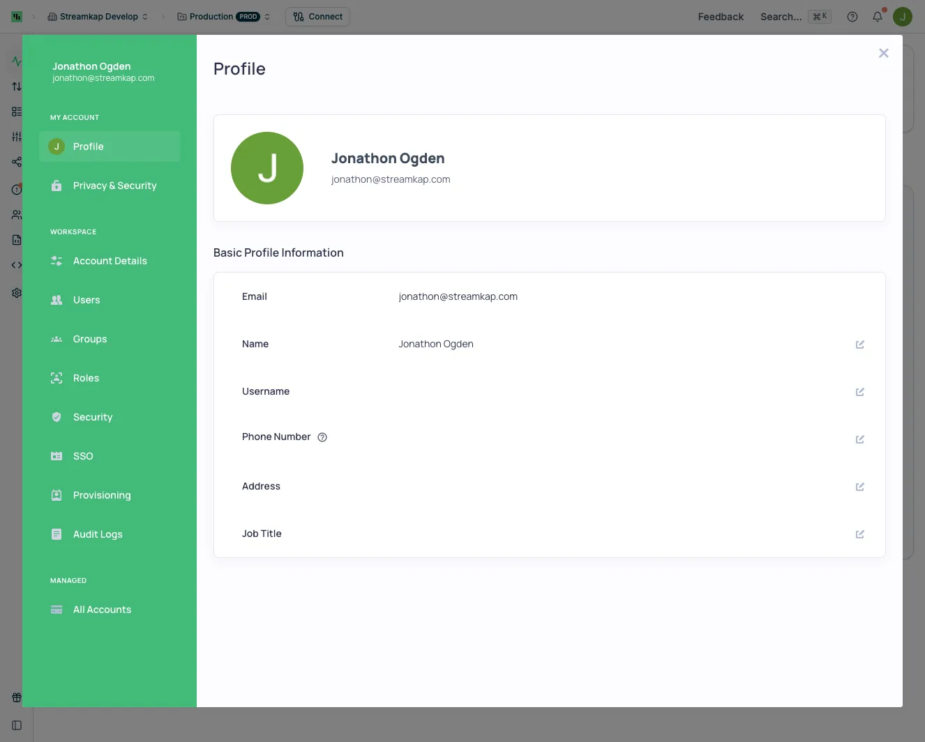 Profile settings page showing avatar and basic profile information