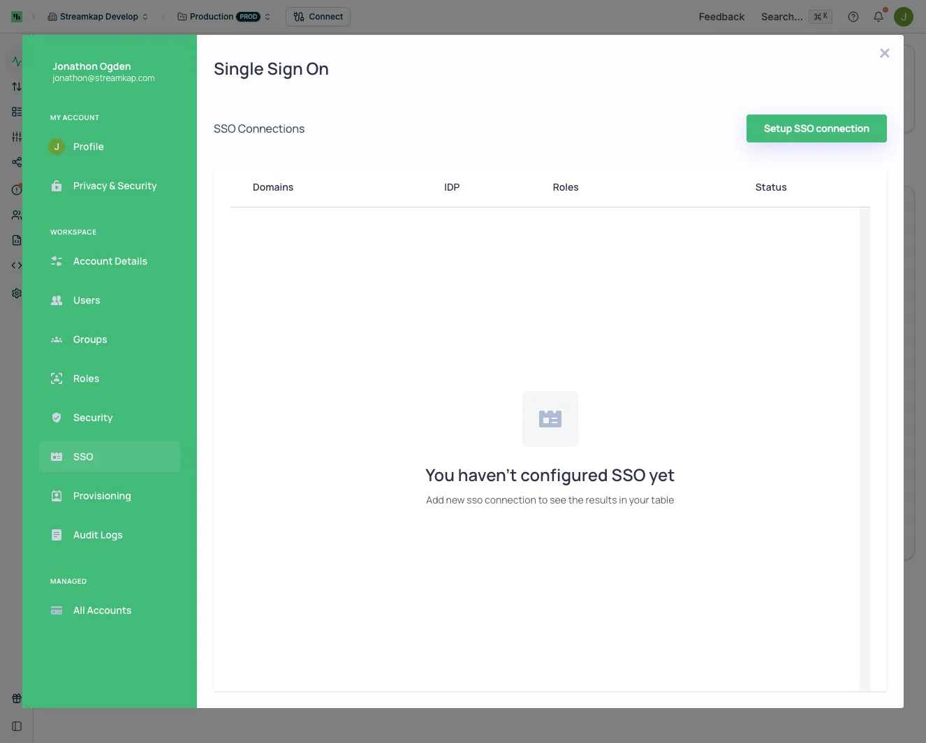 Single Sign On configuration page showing SSO Connections