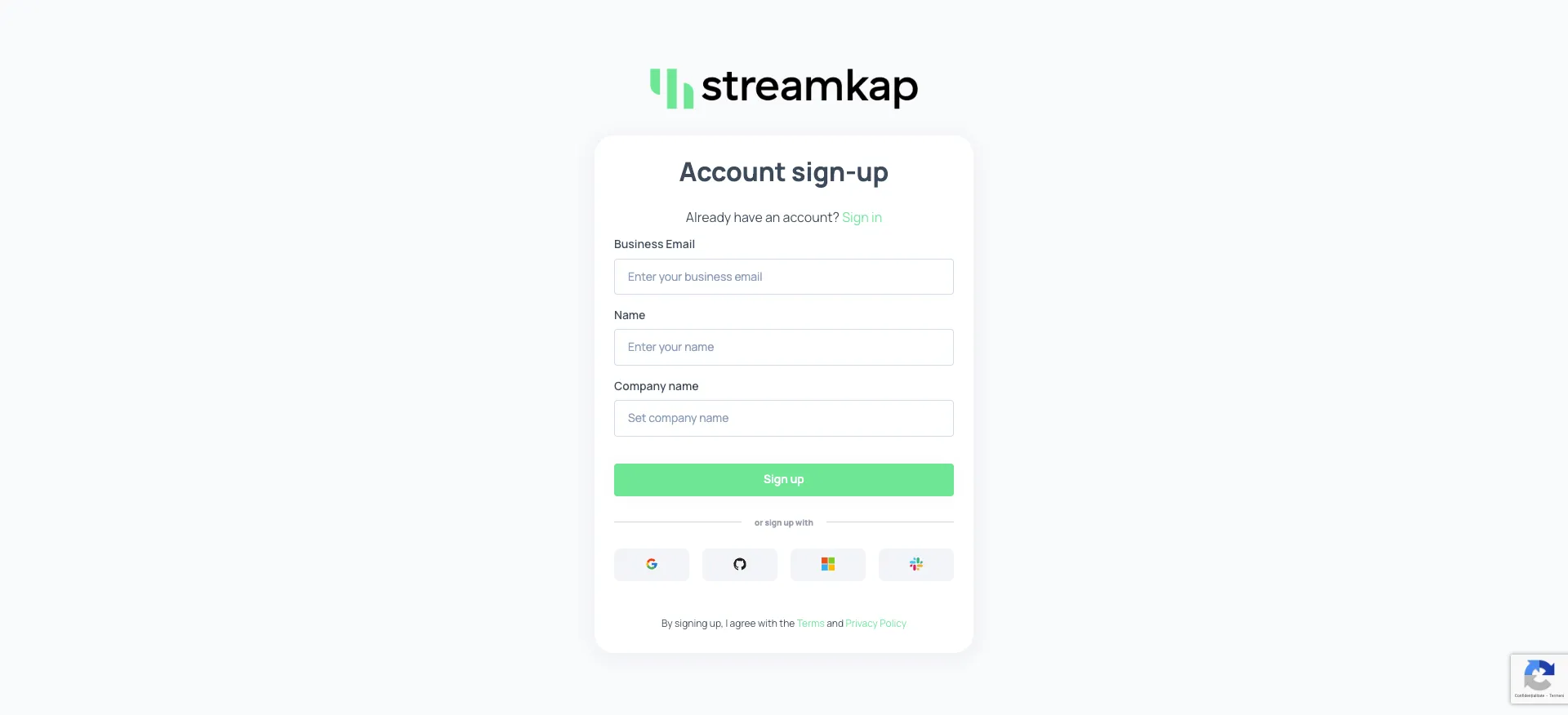 Streamkap Sign Up Page