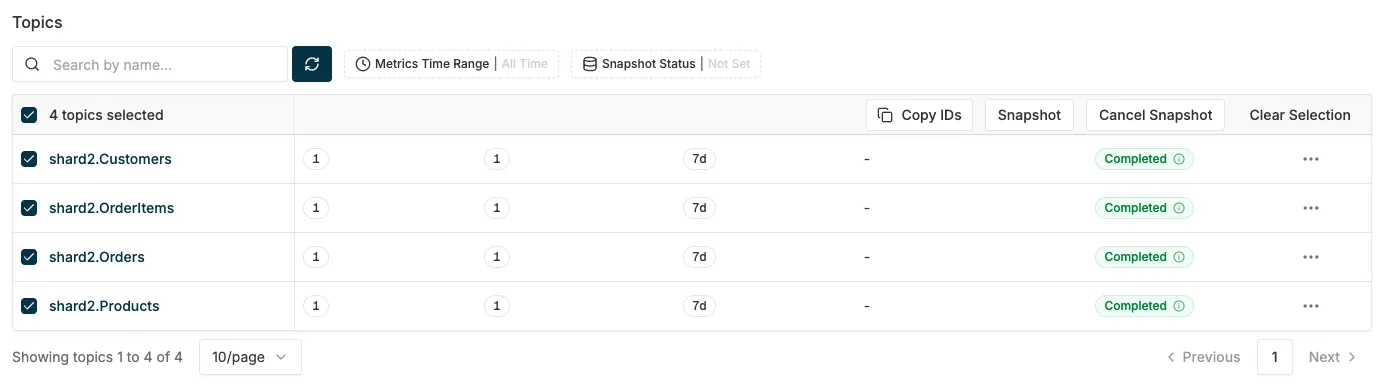 Topics table with several topics selected and the bulk-action bar showing the Snapshot button