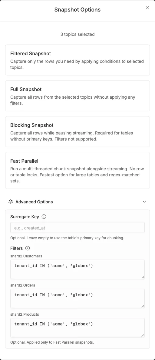 Snapshot Options dialog with Advanced Options expanded and a filter entered for each selected topic