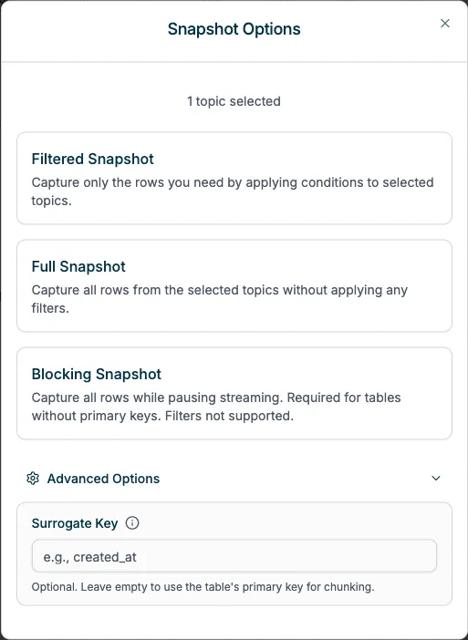 Advanced Options showing Surrogate Key configuration