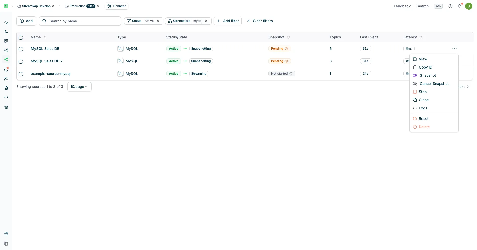 Source quick actions menu with Snapshot option