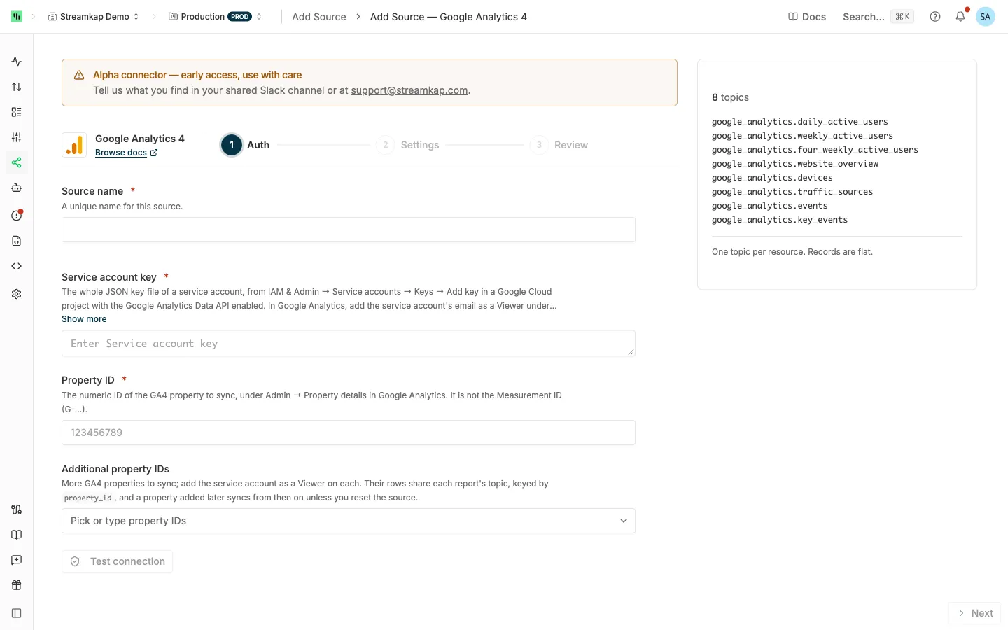 Google Analytics 4 source Auth step with the Service account key, Property ID and Additional property IDs fields