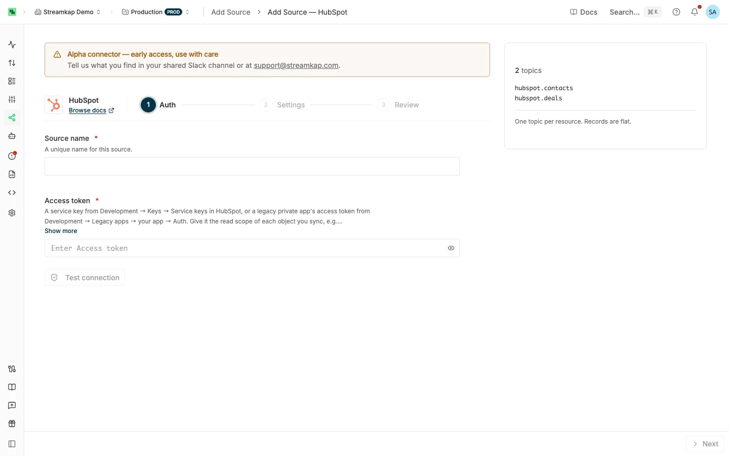 HubSpot source Auth step with the Source name and Access token fields