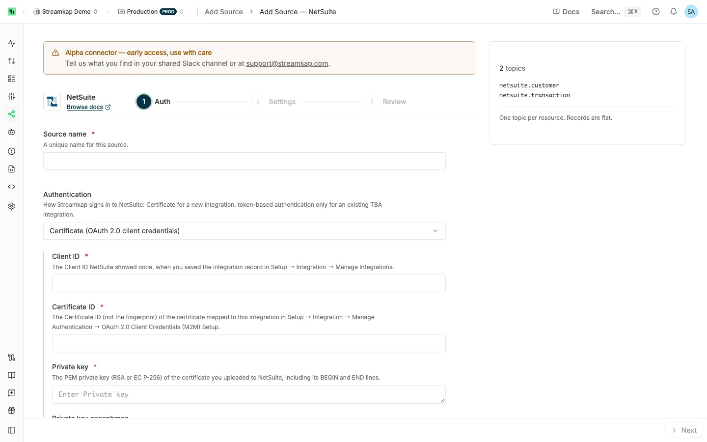 NetSuite source Auth step with the Authentication mode and its Client ID, Certificate ID and Private key fields