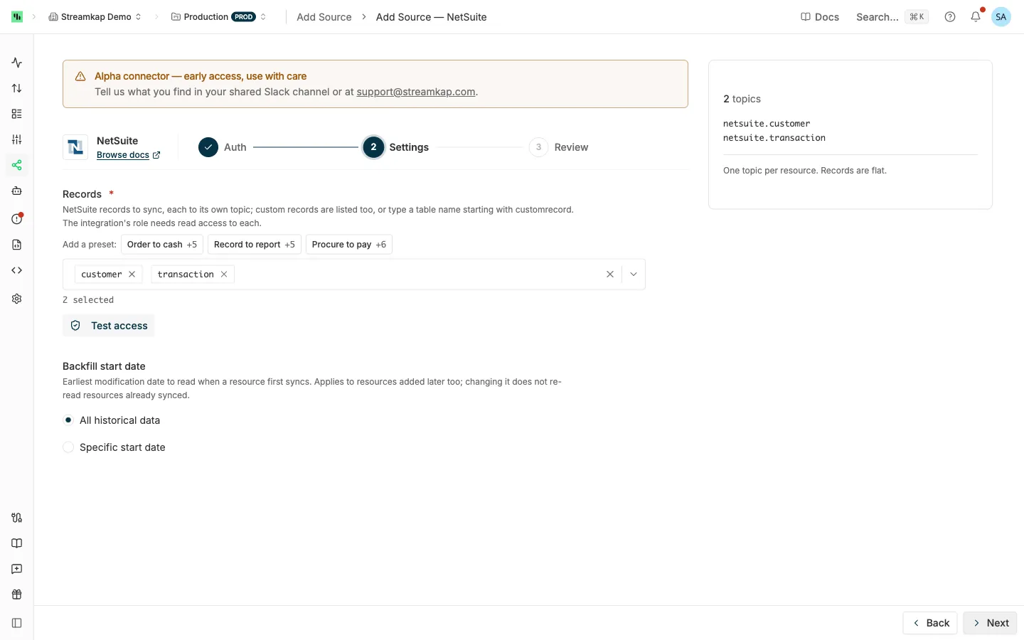 NetSuite source Settings step with the record presets, the Records list and the Backfill start date choice