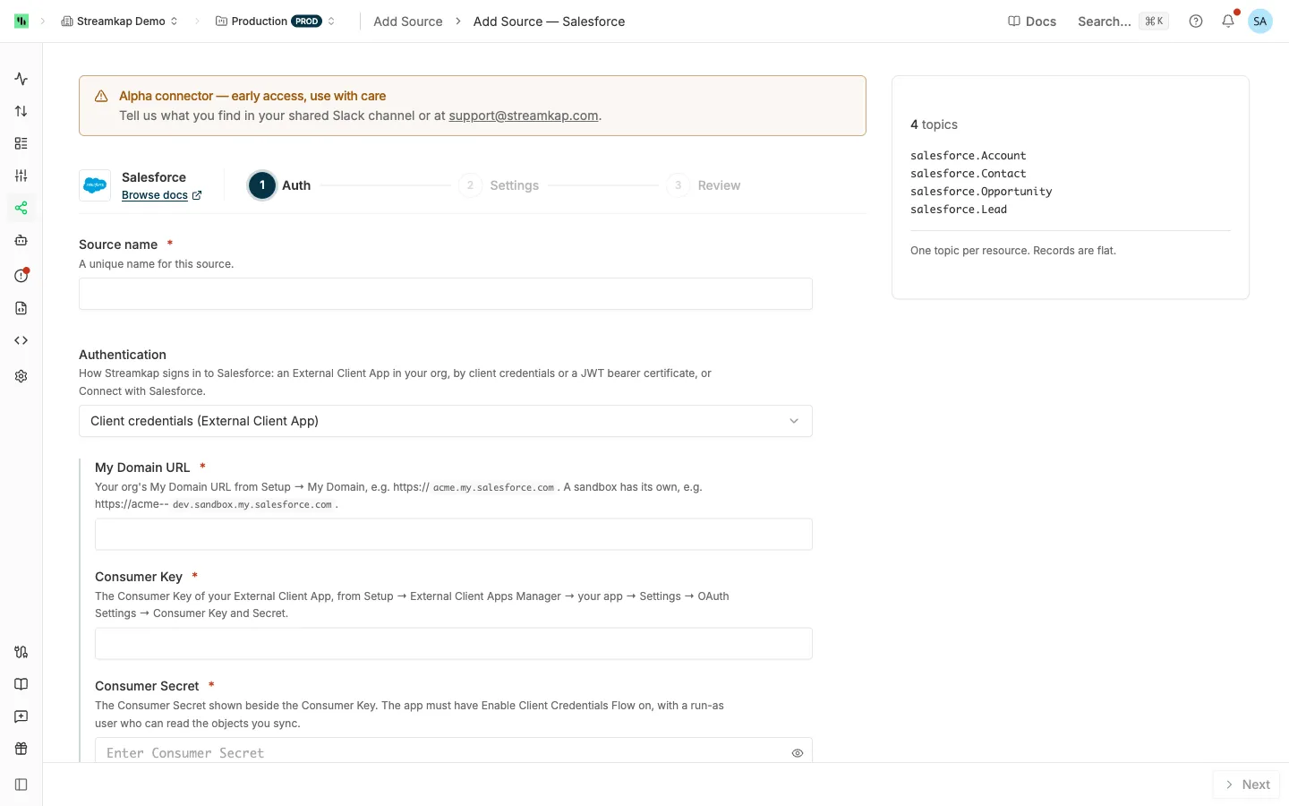 Salesforce source Auth step with the Authentication mode and its My Domain URL, Consumer Key and Consumer Secret fields