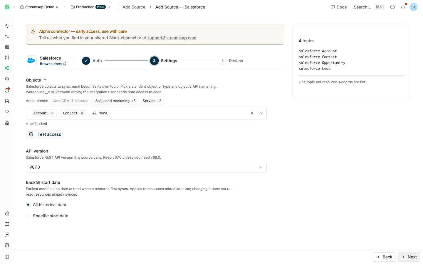 Salesforce source Settings step with the object presets, the Objects list, API version and the Backfill start date choice