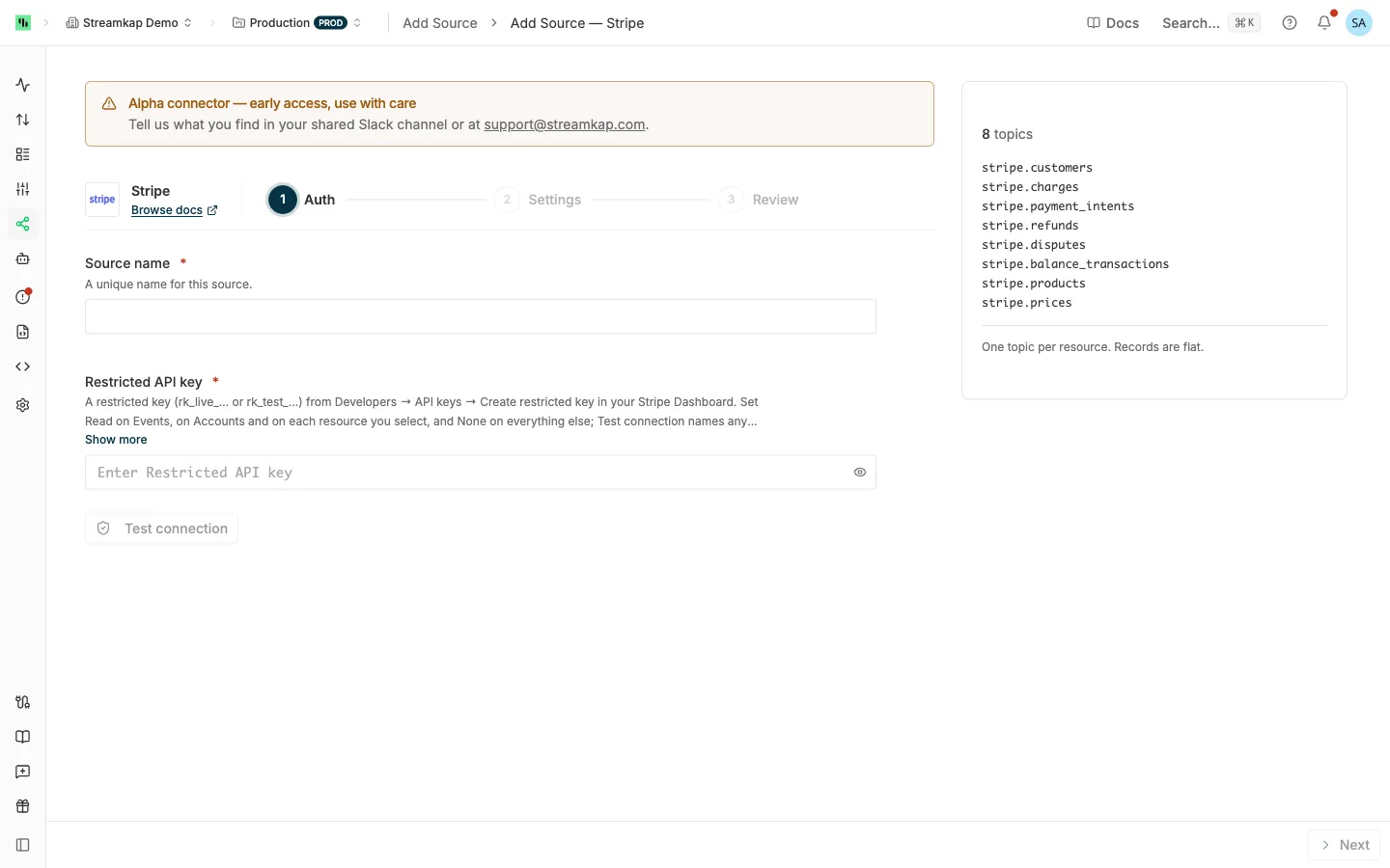 Stripe source Auth step with the Source name and Restricted API key fields