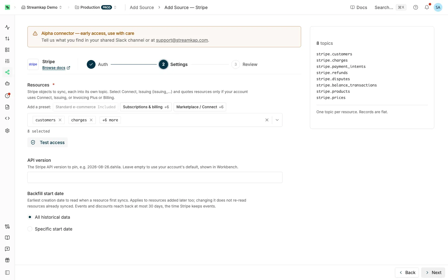 Stripe source Settings step with the resource presets, the Resources list, API version and the Backfill start date choice