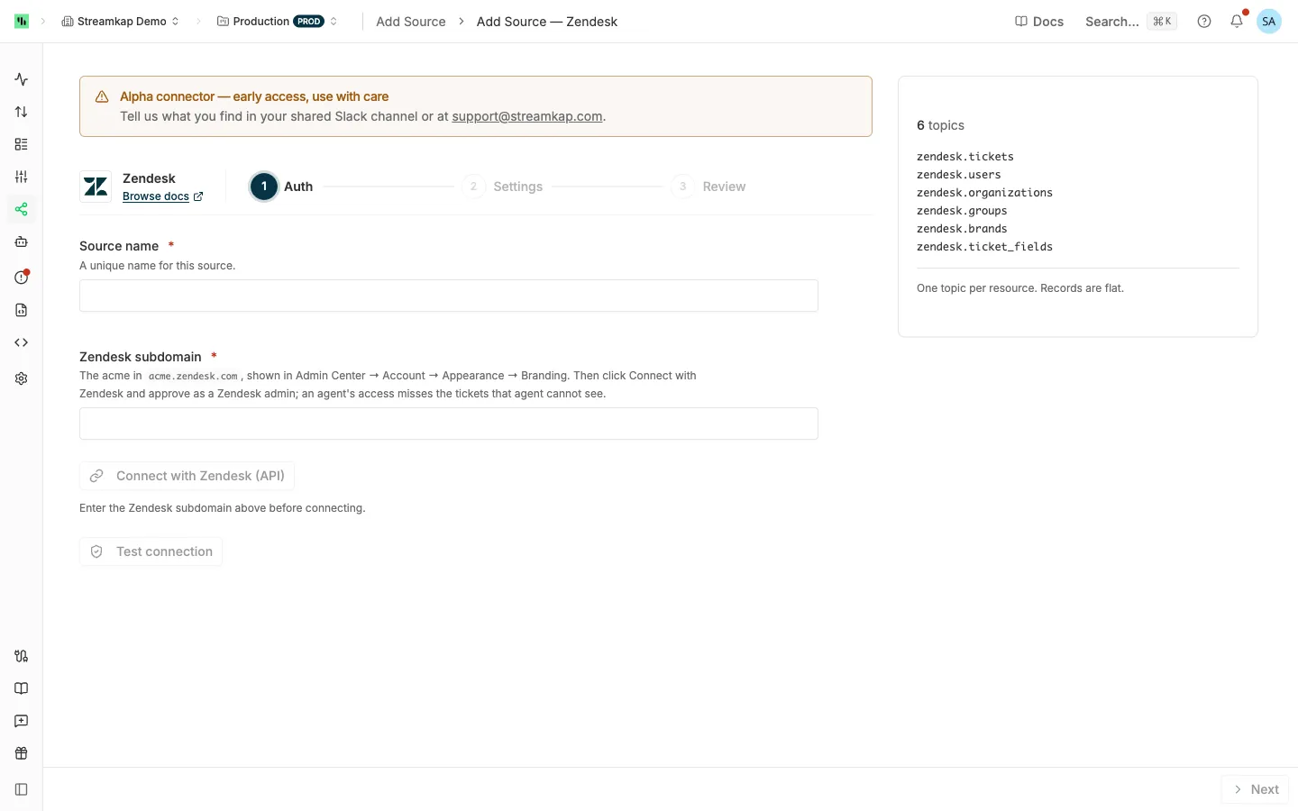 Zendesk source Auth step with the Source name and Zendesk subdomain fields and the Connect with Zendesk button