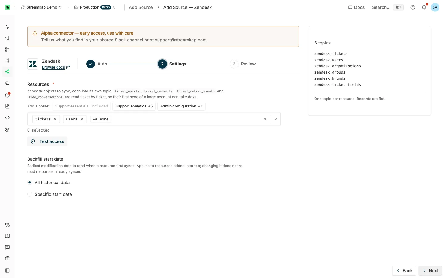 Zendesk source Settings step with the resource presets, the Resources list and the Backfill start date choice