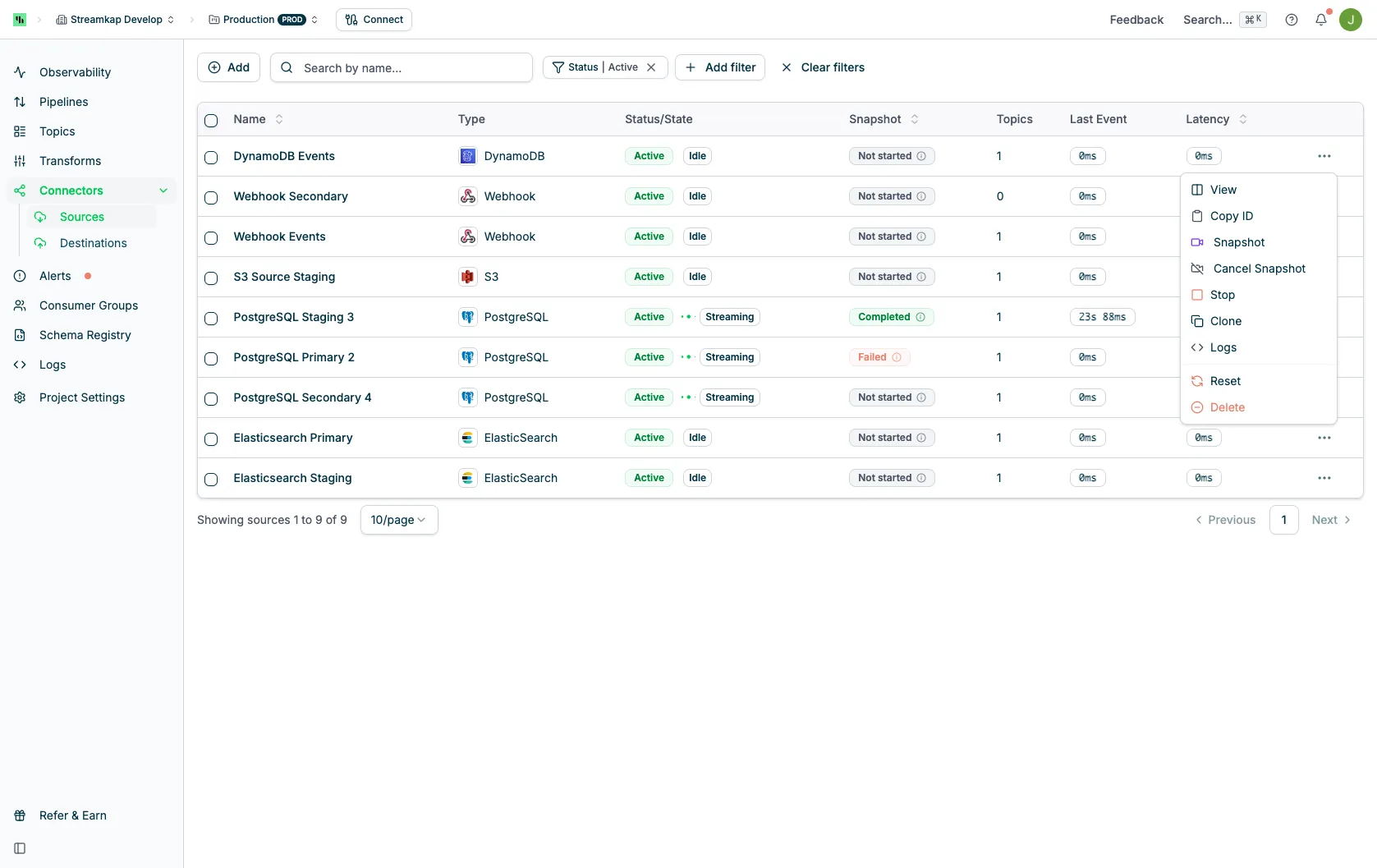 Row actions menu showing View, Copy ID, Snapshot, Cancel Snapshot, Clone, Logs, Restart, Reset, and Delete options