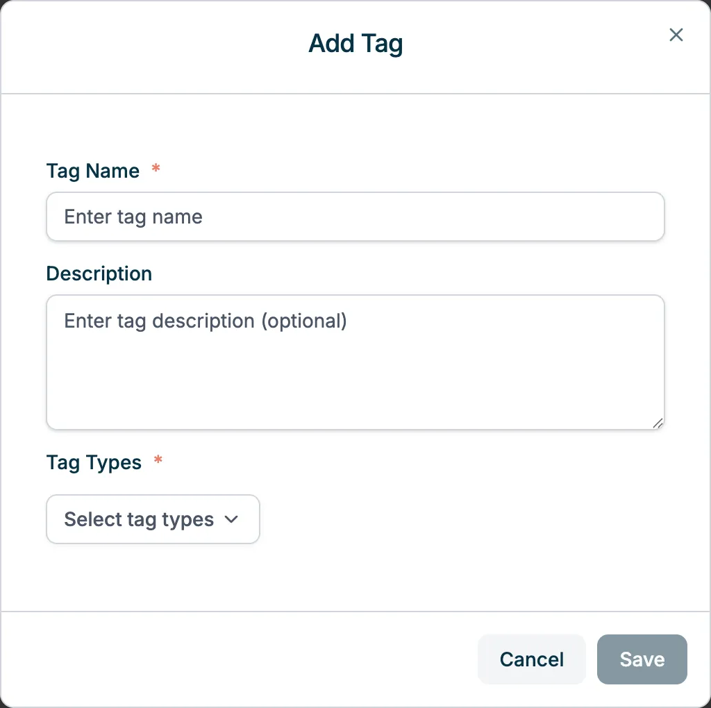 Add Tag dialog with name, description, and tag type fields