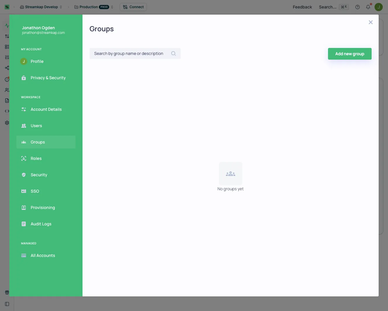 Groups management page for organizing users