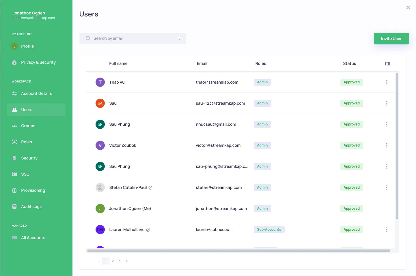 Users list showing team members with their email, roles, and status