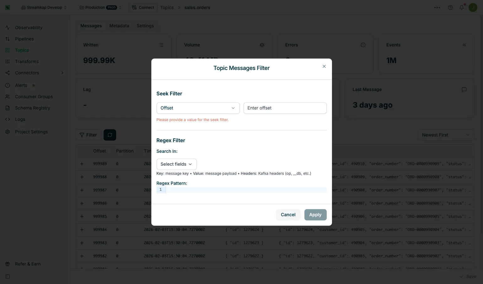 Topic Messages Filter Dialog
