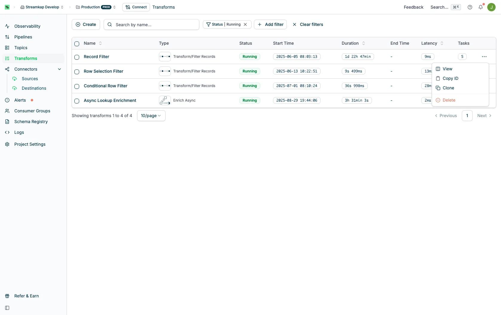 Row actions menu showing View, Copy ID, Clone, and Delete options